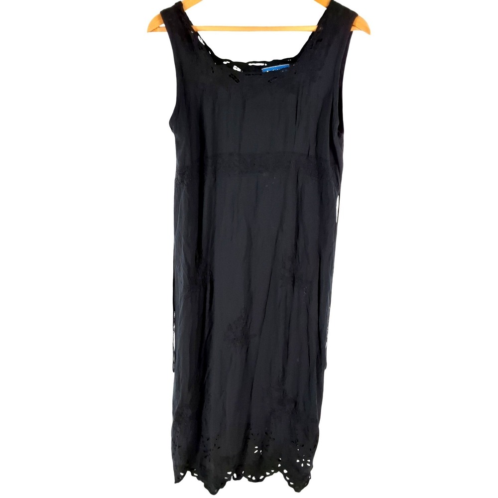 Bali Collection Black Rayon Embroidered Eyelet Midi Dress Small Boho Sleeveless